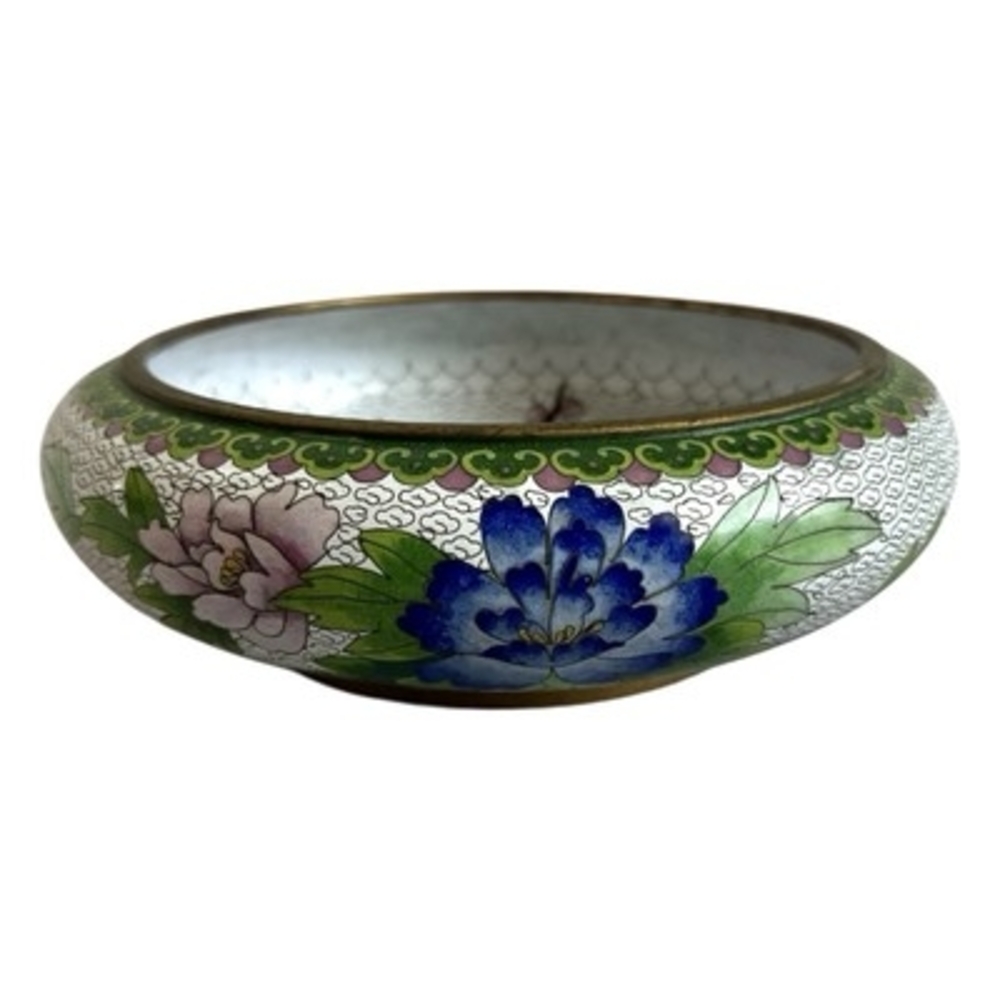 Antique Chinese Cloisonné Enamel Bowl Bird & Blossom White Decorative Bronze Art - Picture 5 of 6